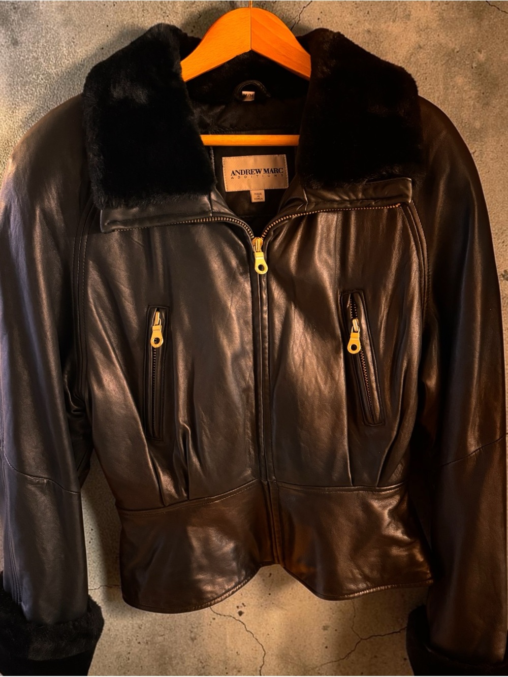 Andrew Marc Black Leather Bomber with Black Faux Fur Collar